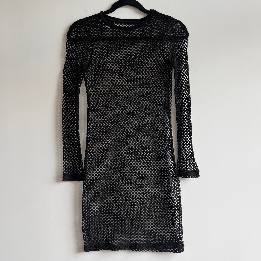 Black mesh stretch midi bodycon long sleeve dress